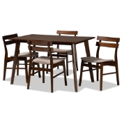 Baxton Studio Eleri Mid-Century Modern Transitional Light Beige Fabric Upholstered and Walnut Brown Finished Wood 5-Piece Dining Set